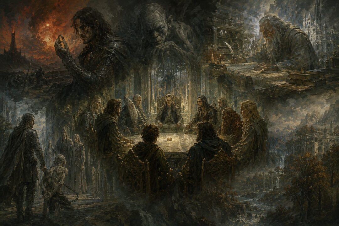 Layered scenes of Isildur, Gollum, Gandalf, and Aragorn surrounding the Council of Elrond as history shapes the debate.