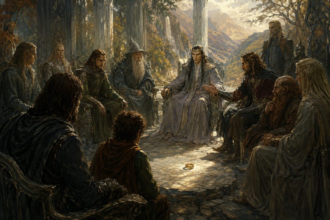The Council of Elrond gathered in Rivendell around the One Ring in a tense atmosphere of debate and uncertainty.