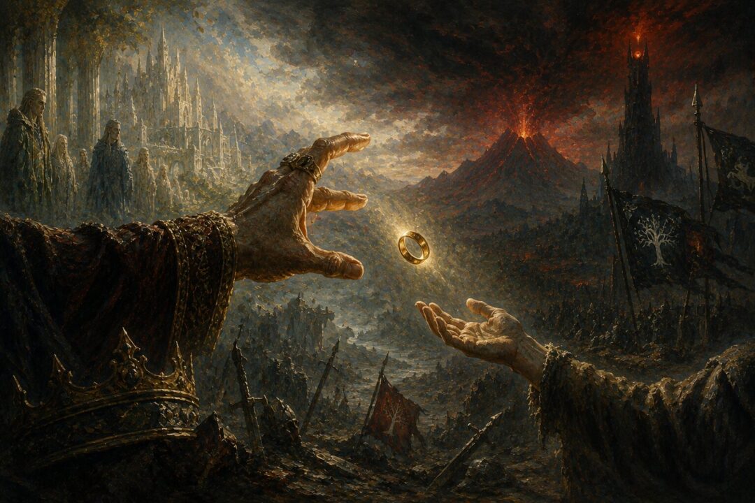 Symbolic Middle-earth imagery contrasting domination through the Ring with the choice to destroy it.