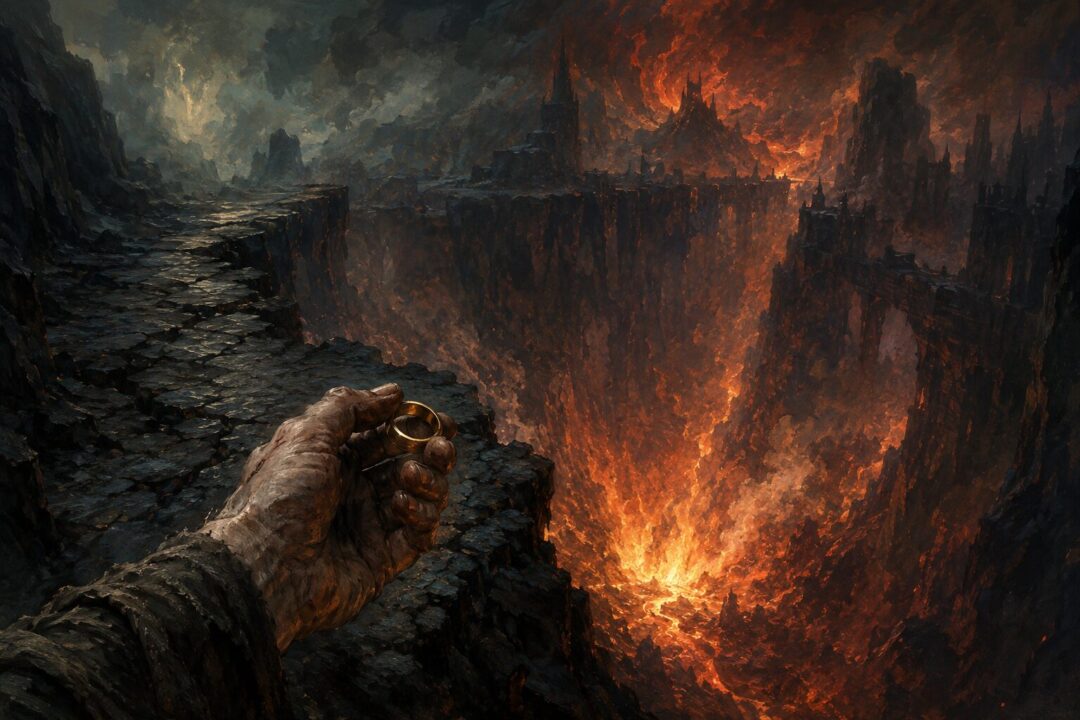 A weary hand holds the One Ring above the fiery chasm inside Mount Doom.