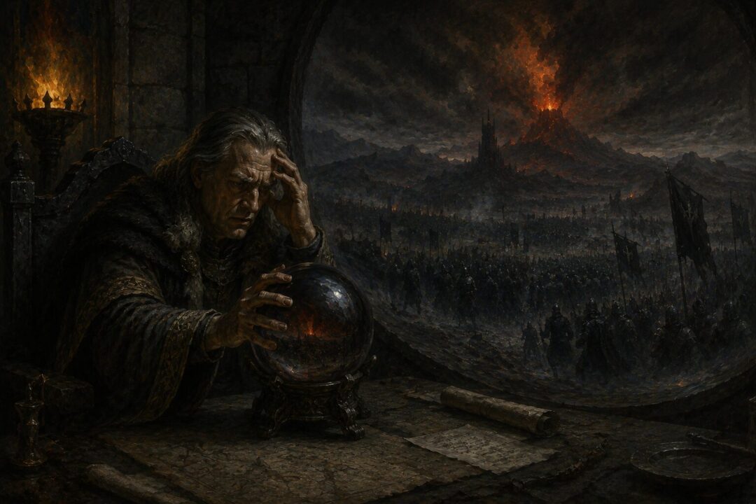 Denethor using the palantír in Minas Tirith under the psychological pressure of Sauron