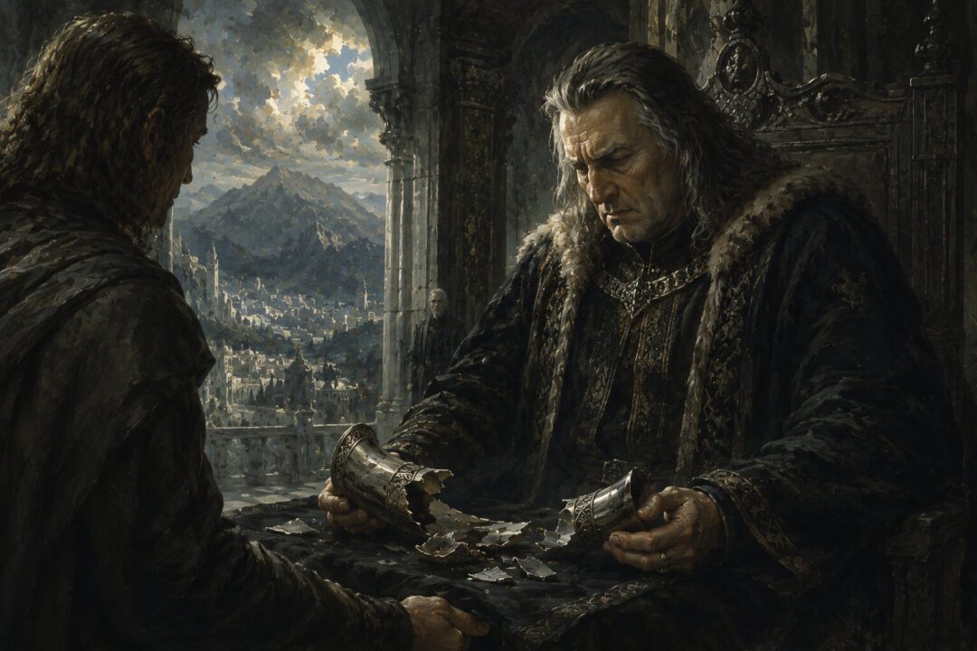 Denethor receiving the shattered pieces of Boromir’s horn in Minas Tirith