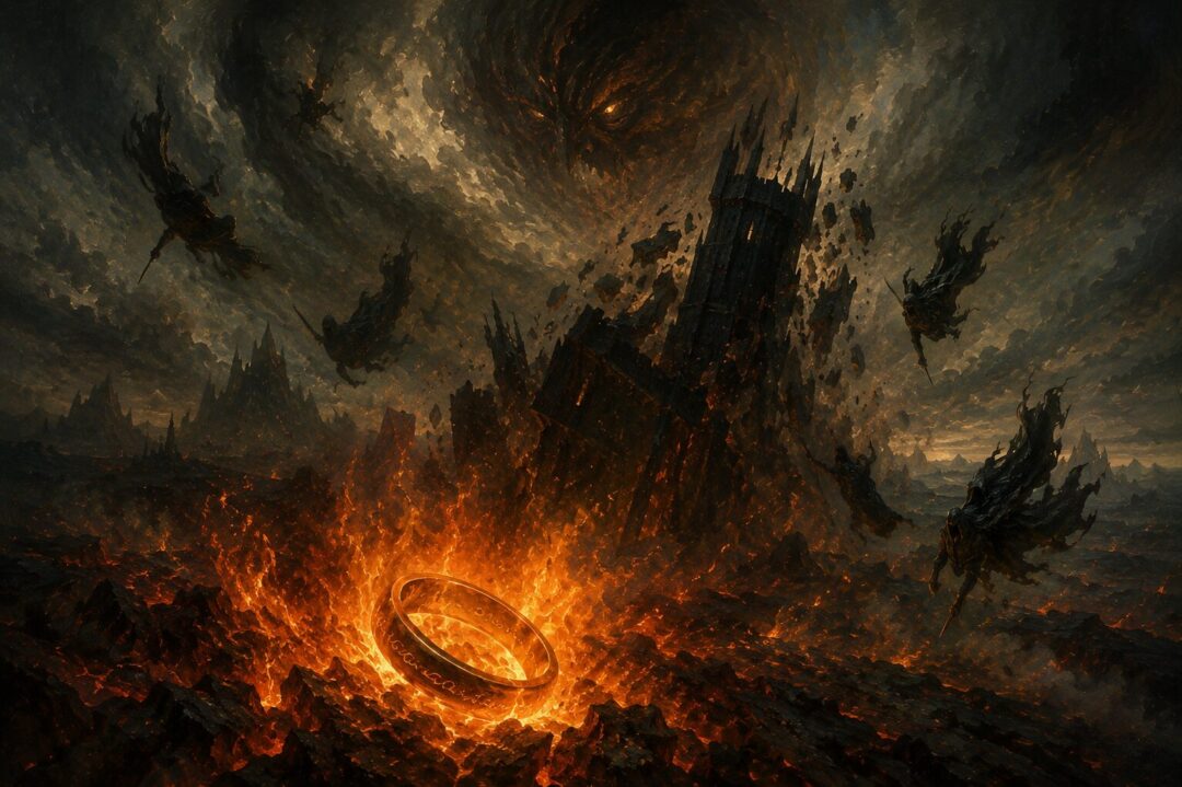 The One Ring destroyed as Barad-dûr collapses over Mordor