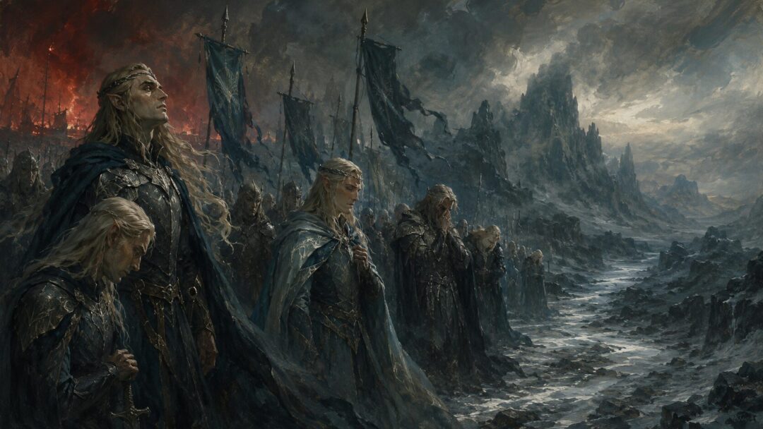 The Noldor pause on a bleak northern road as the Doom of Mandos falls over their exile.
