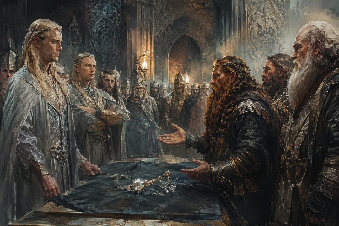 Elven nobles and Dwarven craftsmen meeting in Doriath as tension grows around a treasured necklace
