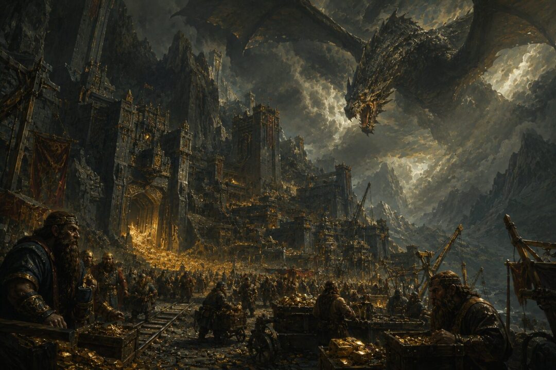 Great dragon approaching a wealthy Dwarven kingdom attracted by its immense treasure