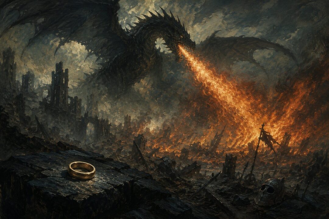 A legendary dragon breathes fire across ruined stone while a small gold ring remains untouched in the foreground.