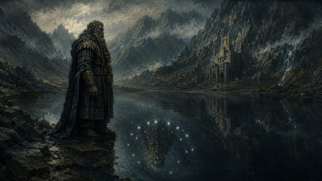 Durin the Deathless standing beside Mirrormere with stars reflected like a crown above his head.
