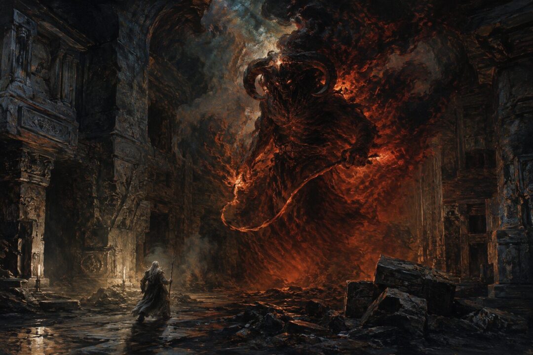 Durin’s Bane emerging in shadow and fire beneath the halls of Khazad-dûm