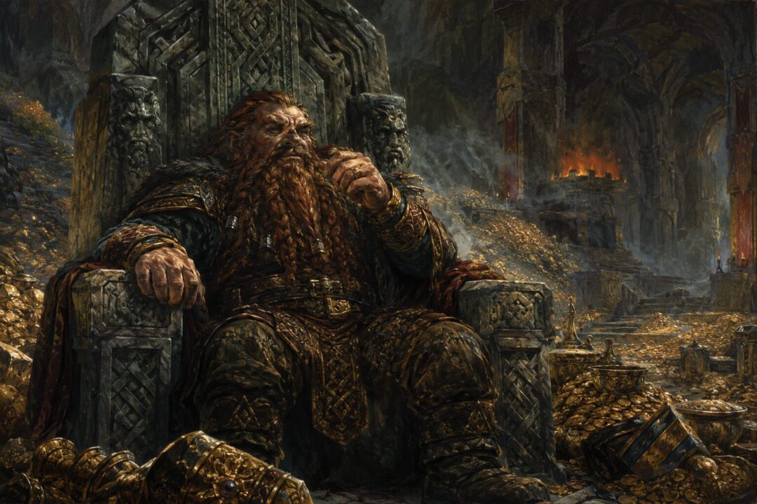 A Dwarf-lord seated among treasure wearing one of the Seven Rings while remaining unbroken and independent