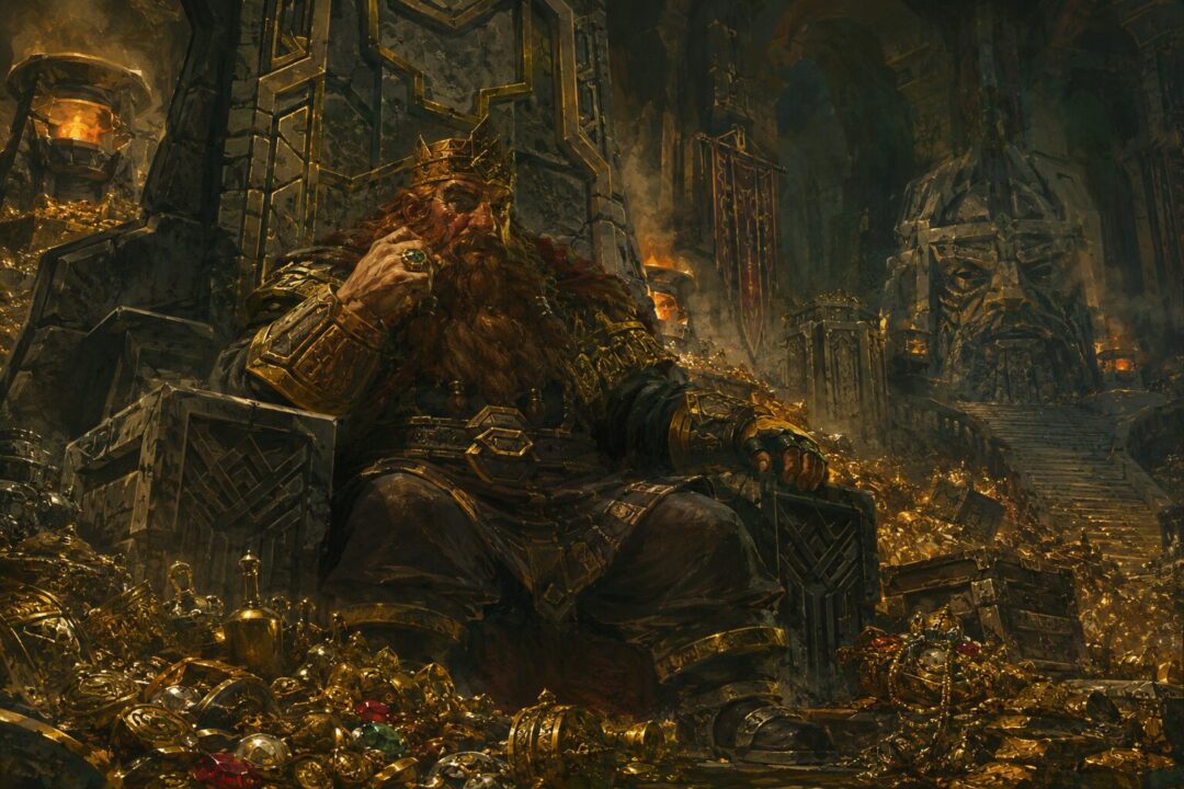 Dwarven king wearing one of the Seven Rings while seated among vast underground treasure hoards