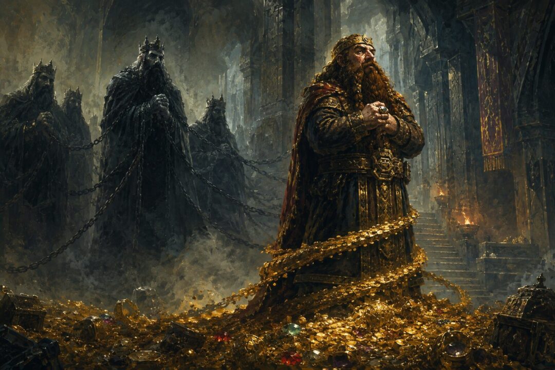 Symbolic depiction of a Dwarven Ring-bearer bound by wealth rather than physical enslavement