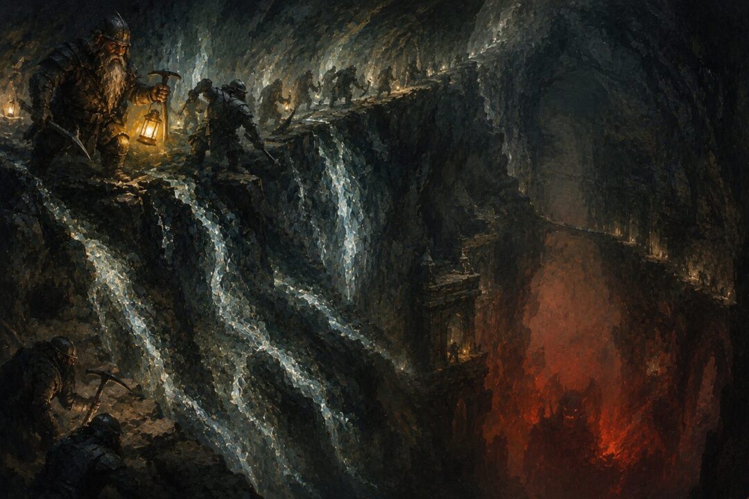 Dwarves follow bright mithril seams downward toward an ancient darkness beneath the mountain.