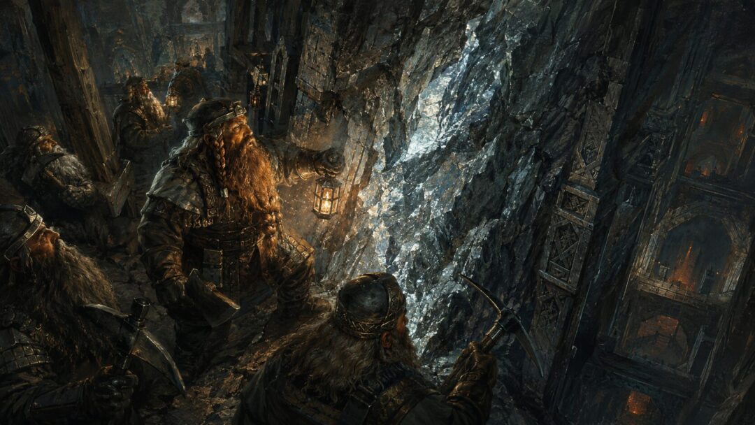 Dwarven miners in Khazad-dûm uncovering a mithril vein in a deep shaft beneath the mountains.