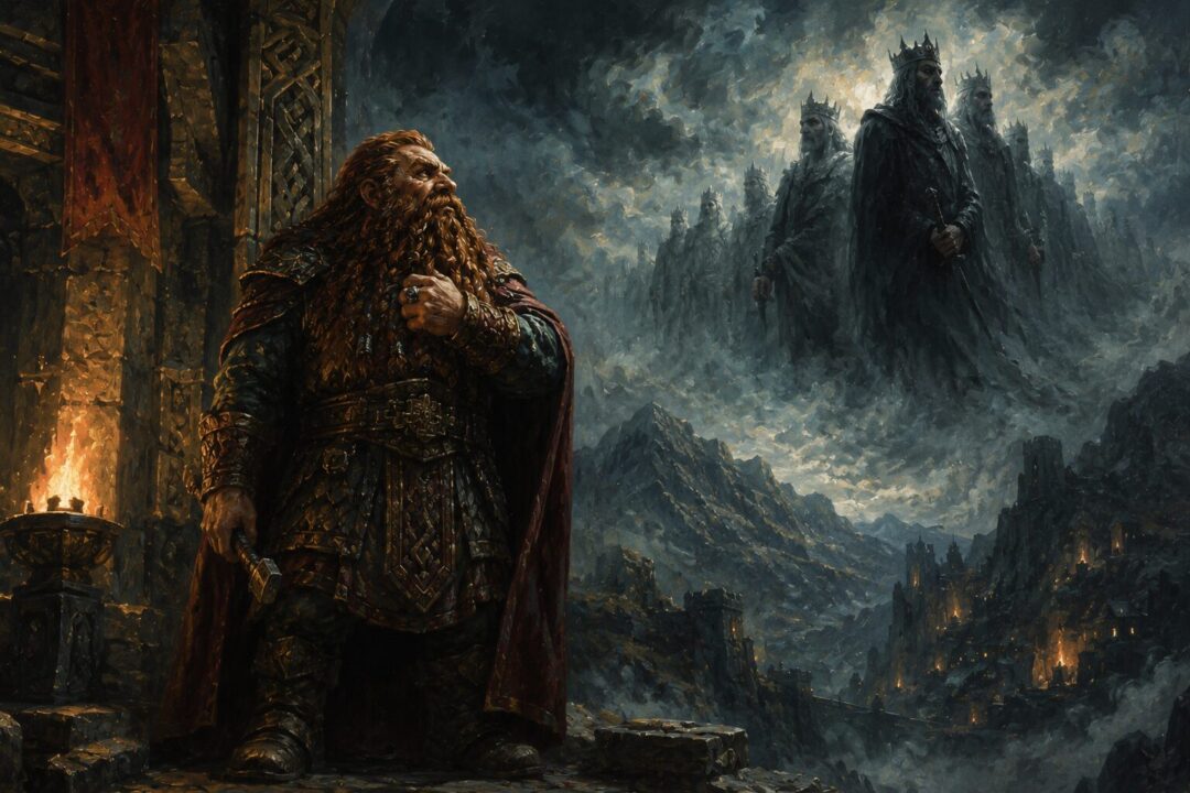 Symbolic comparison between a steadfast Dwarf ringbearer and human kings fading into wraithlike servitude