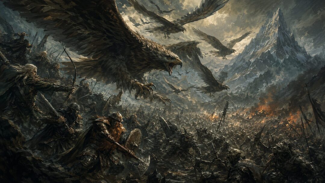 Great Eagles sweep down from the mountains into the desperate Battle of Five Armies.