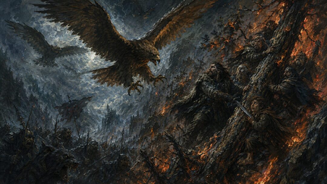 Great Eagles descend through smoke to rescue trapped travelers from burning trees surrounded by Wargs and Goblins.