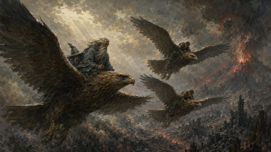 Great Eagles carry a wizard and two exhausted hobbit-like figures away from the ash and fire of Mount Doom.
