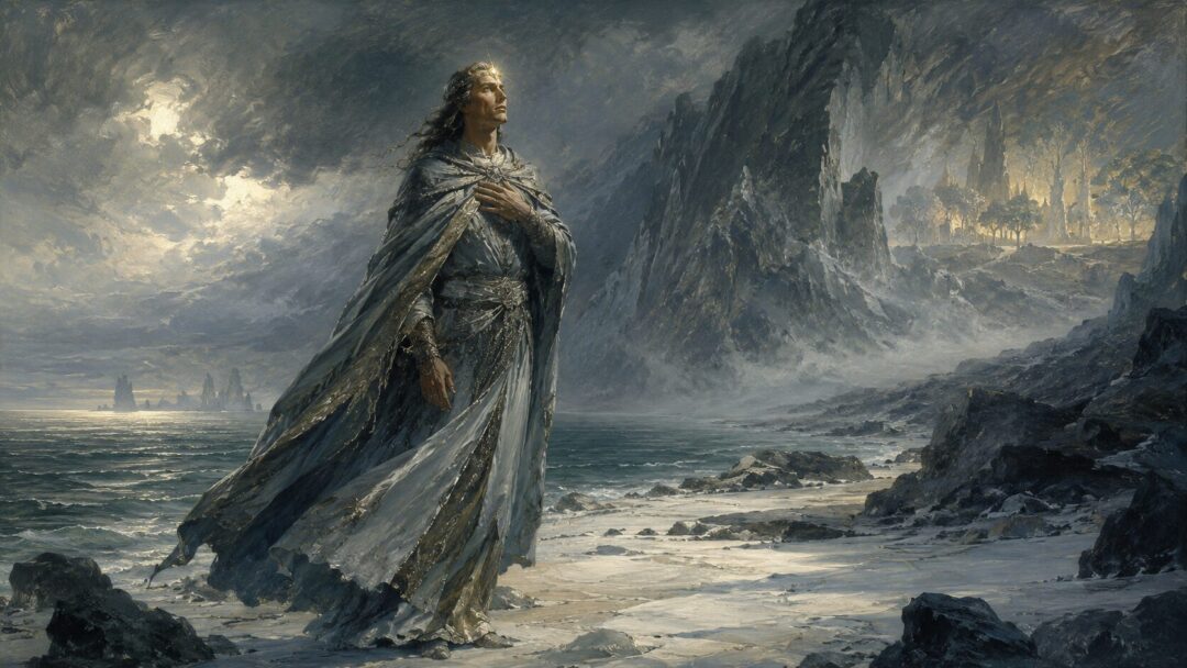 Eärendil stands on the shore of Aman beneath silent mountains, bearing a radiant jewel as he pleads for mercy.