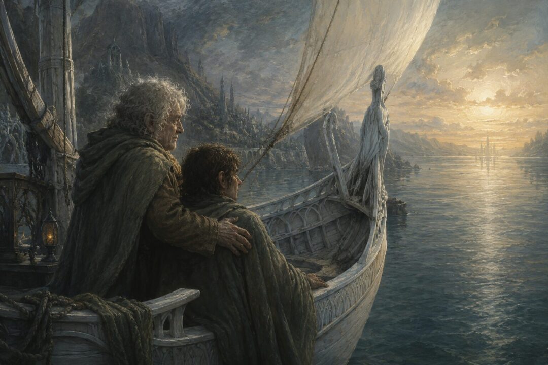 Two hobbit-like travelers sail west at twilight, seeking healing and peace rather than immortality.