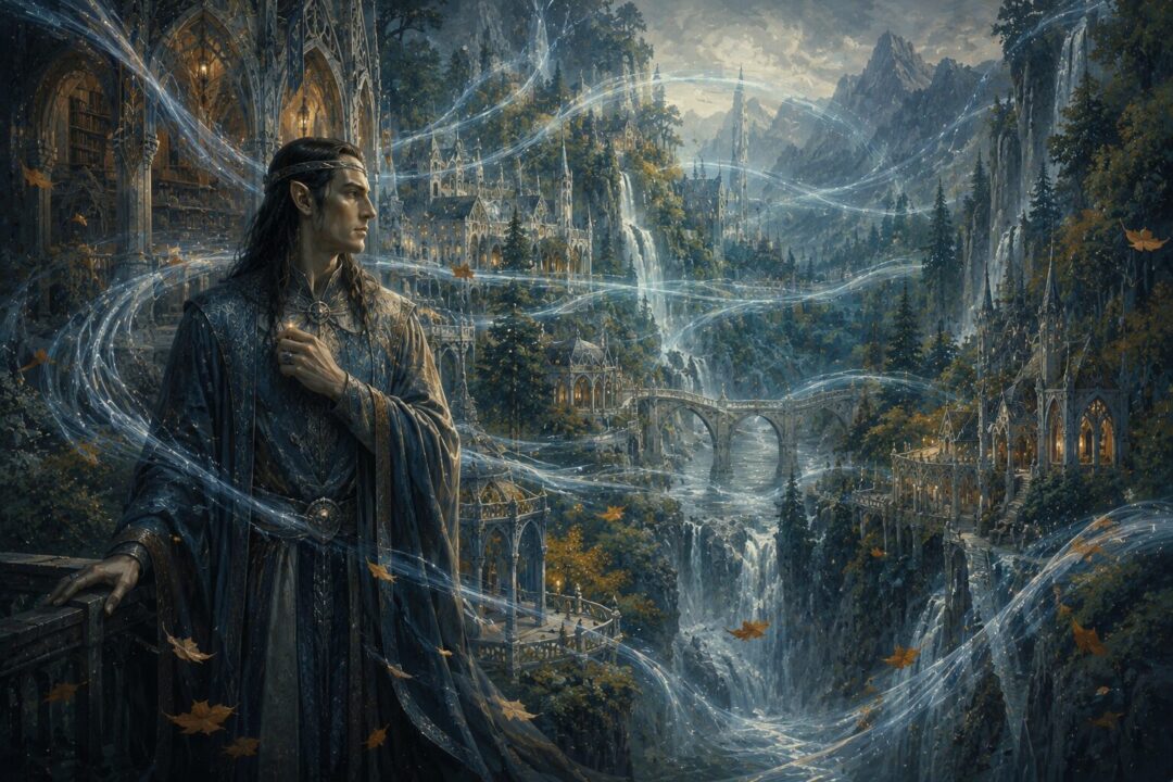 Elrond bearing Vilya in Rivendell as flowing currents of light protect the hidden valley