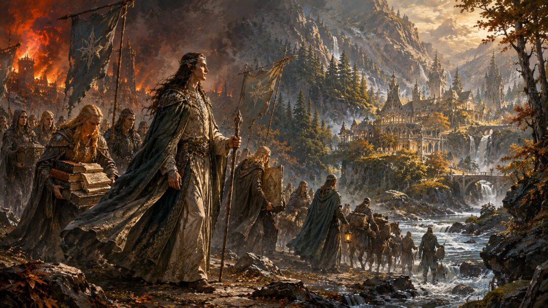 Elrond leading survivors to establish Rivendell after the fall of Eregion