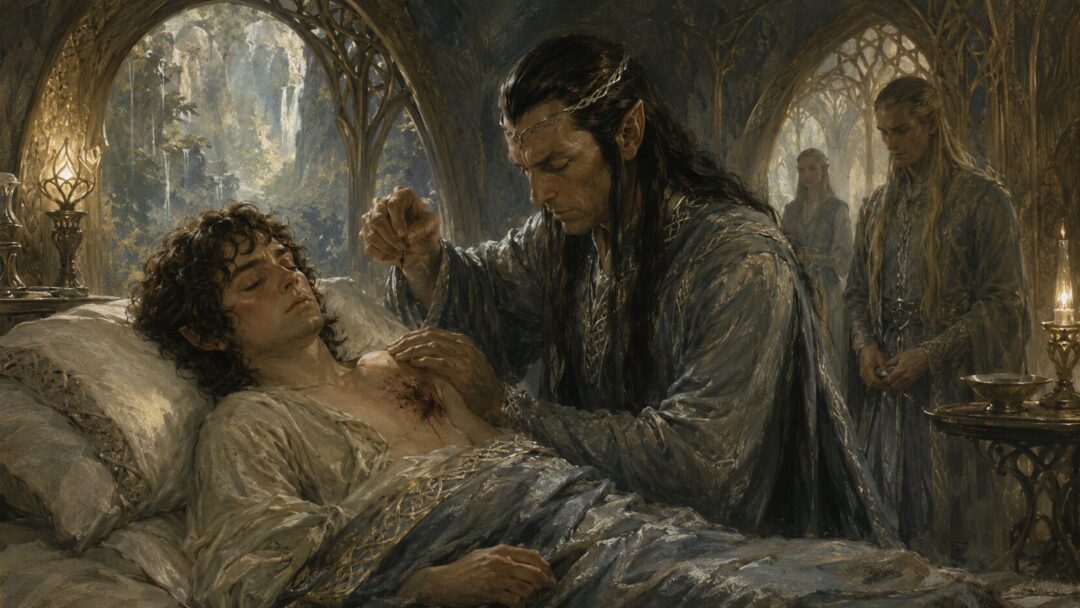Elrond healing Frodo in Rivendell and drawing out the hidden Morgul-knife splinter.