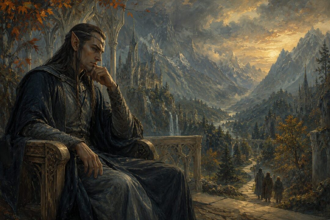 Elrond reflecting in Rivendell as he considers the fate of Middle-earth and the role of hobbits