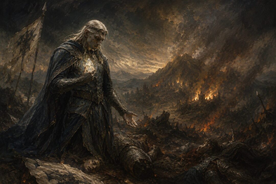 A sorrowful Elven lord stands before a burning battlefield, caught between grief, vengeance, and fading light.