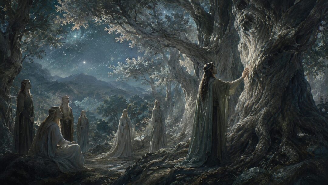 Elves speak beneath starlit trees in an ancient scene suggesting the first friendship between Elves and the forest.
