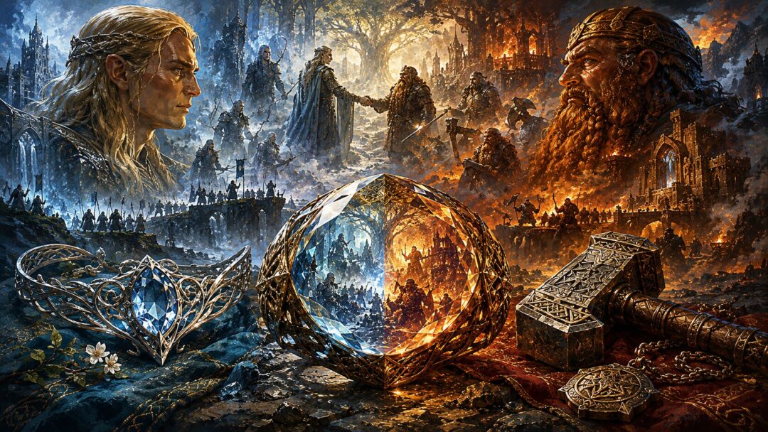 Symbolic fantasy image representing the long history of conflict and understanding between Elves and Dwarves