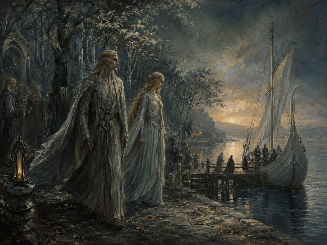 Elven figures leaving a fading woodland realm and walking toward a ship bound for the West.
