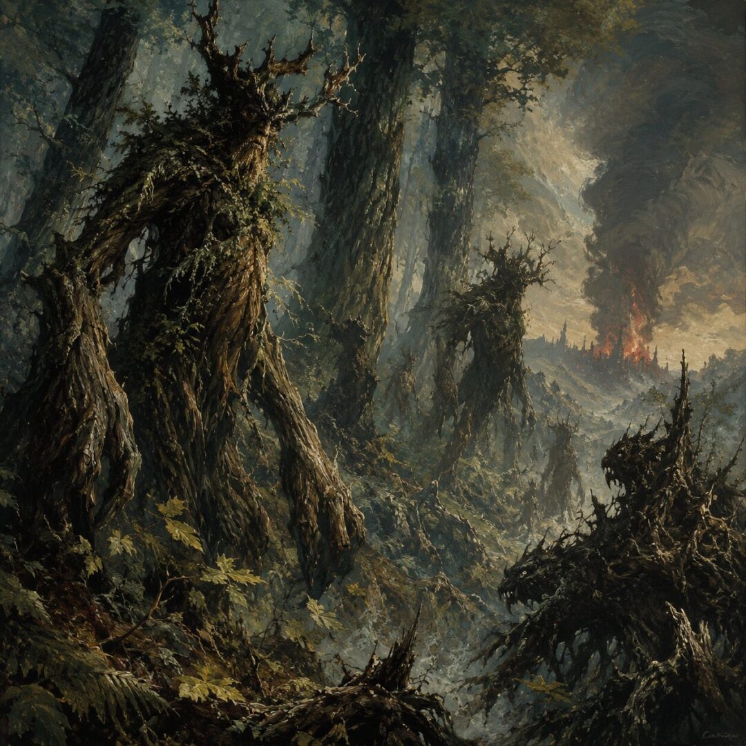 Ancient Ent-like figures and Huorn shapes gather in Fangorn before the forest rises against Isengard.