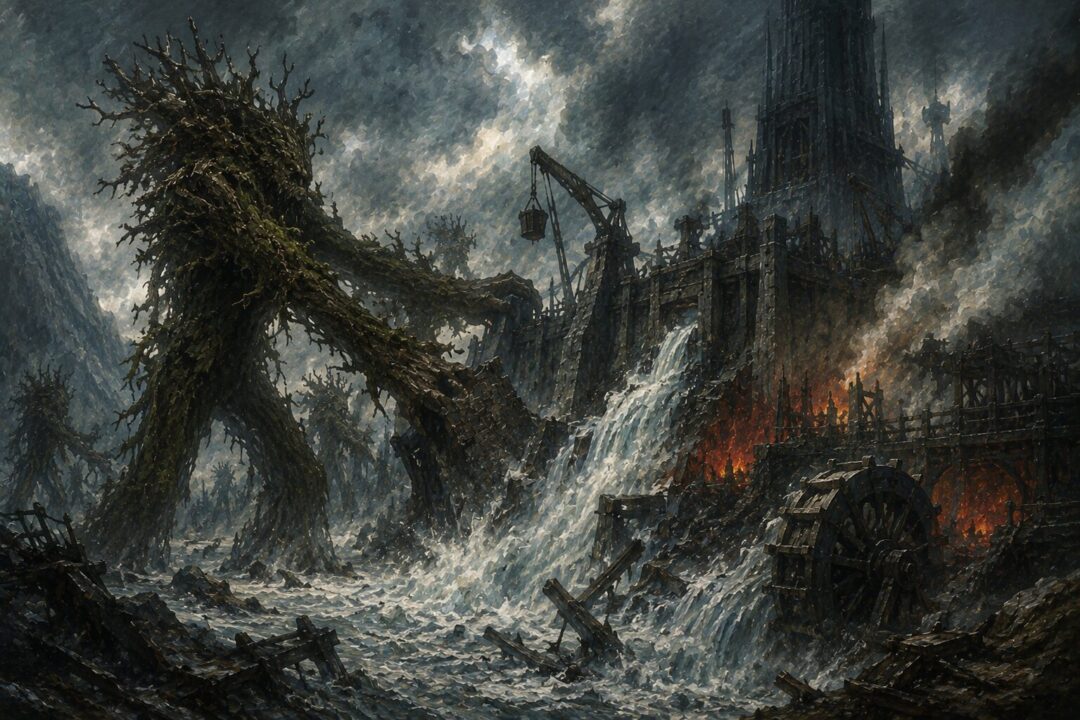 The Ents flooding and destroying Saruman’s industrial works at Isengard