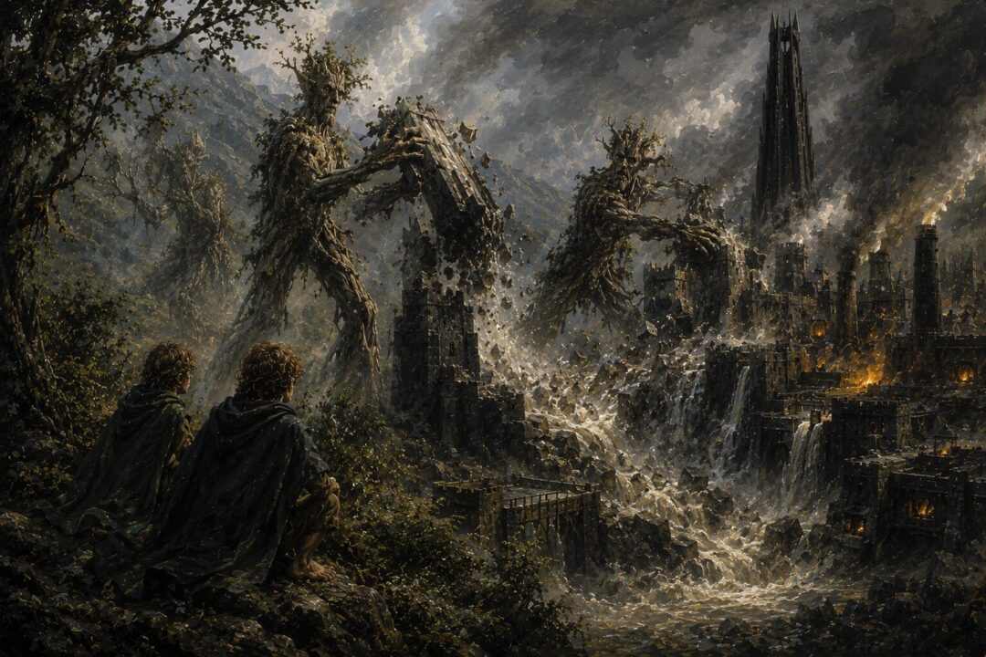 Ents flooding and destroying Isengard while Merry and Pippin observe the downfall of Saruman