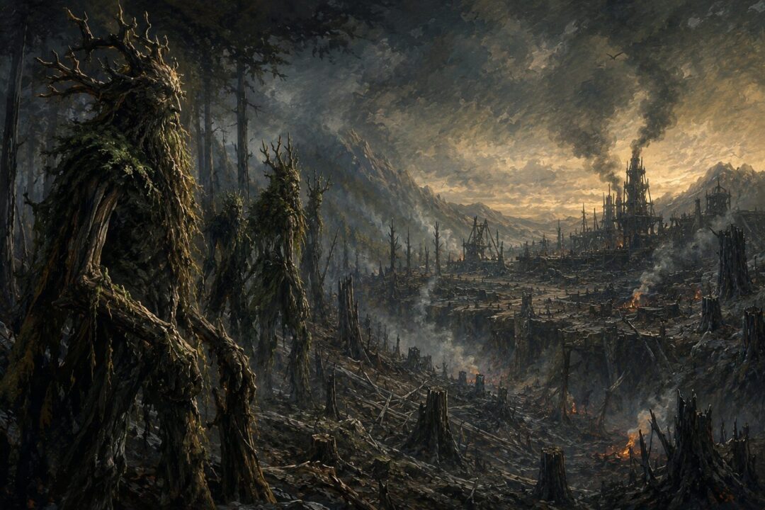 Treebeard and the Ents confronting the destruction of Fangorn Forest
