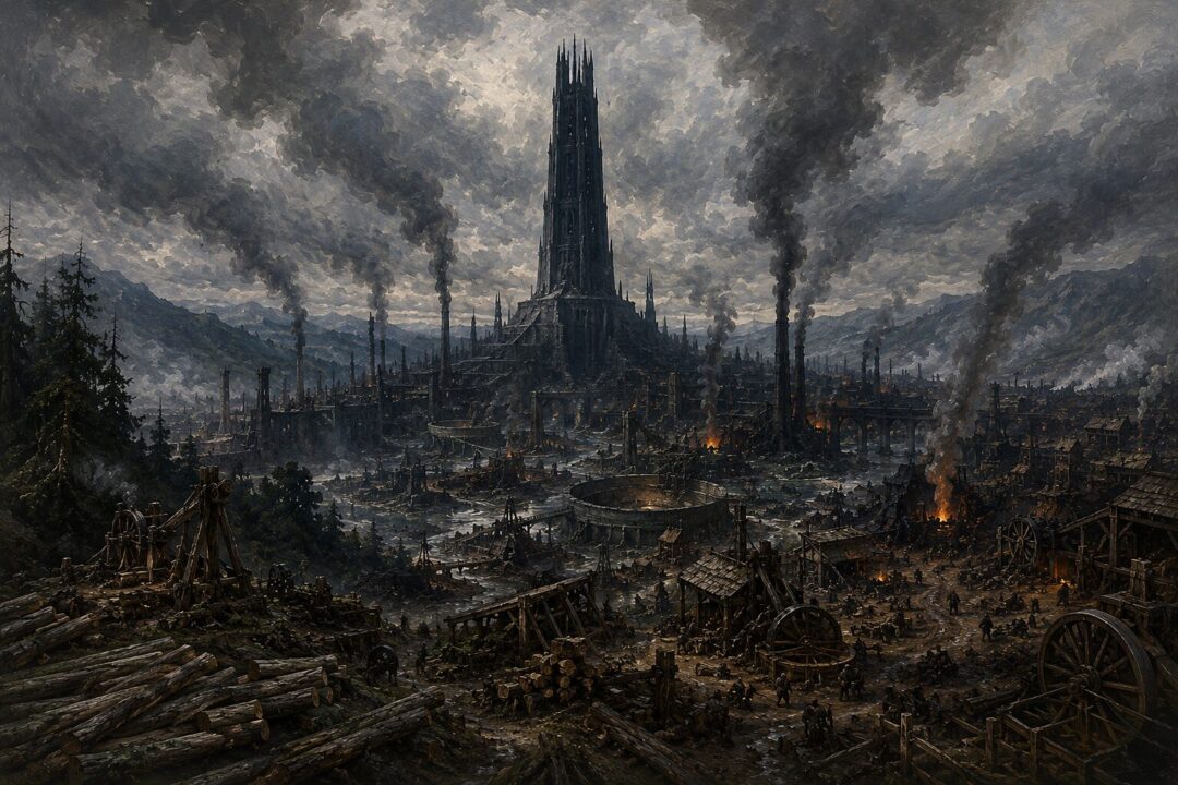 The Ents march from Fangorn with two small hobbits walking beside them.