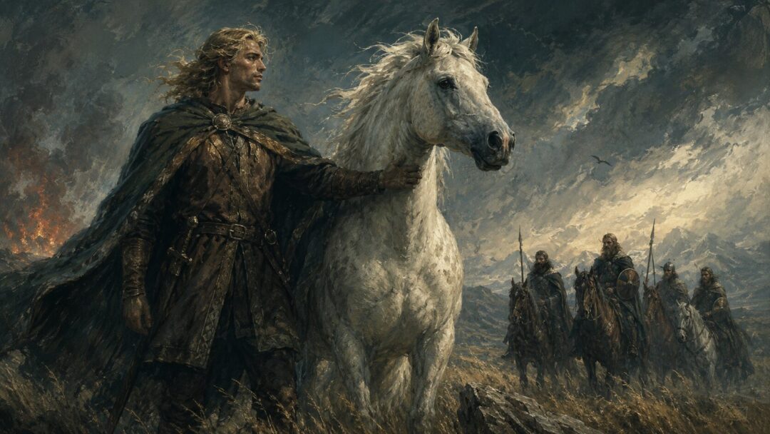 Eorl the Young stands beside the proud white horse Felaróf on open grassland.