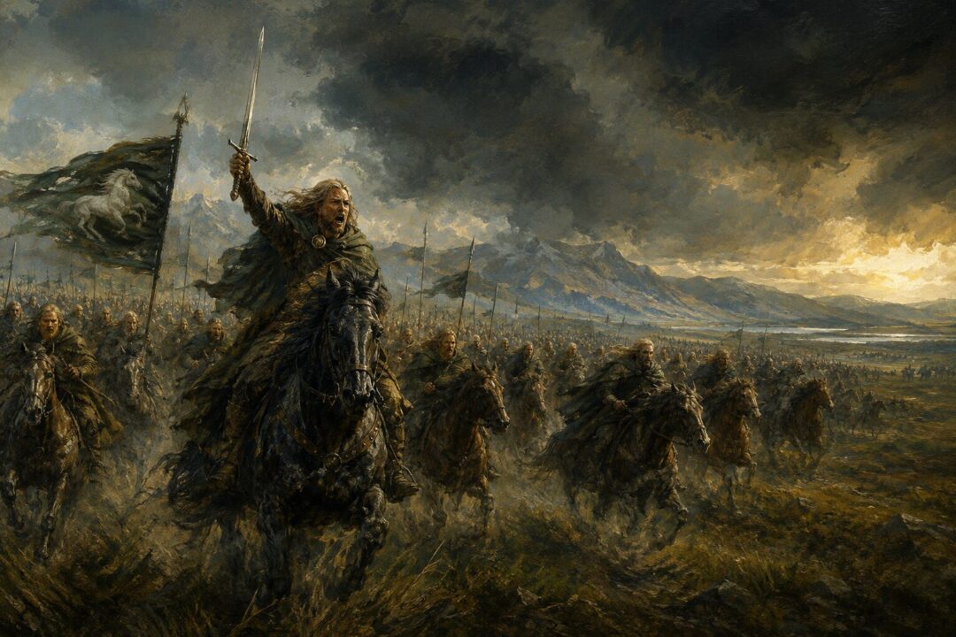 Eorl the Young leading the Éothéod cavalry south to aid Gondor at the Field of Celebrant