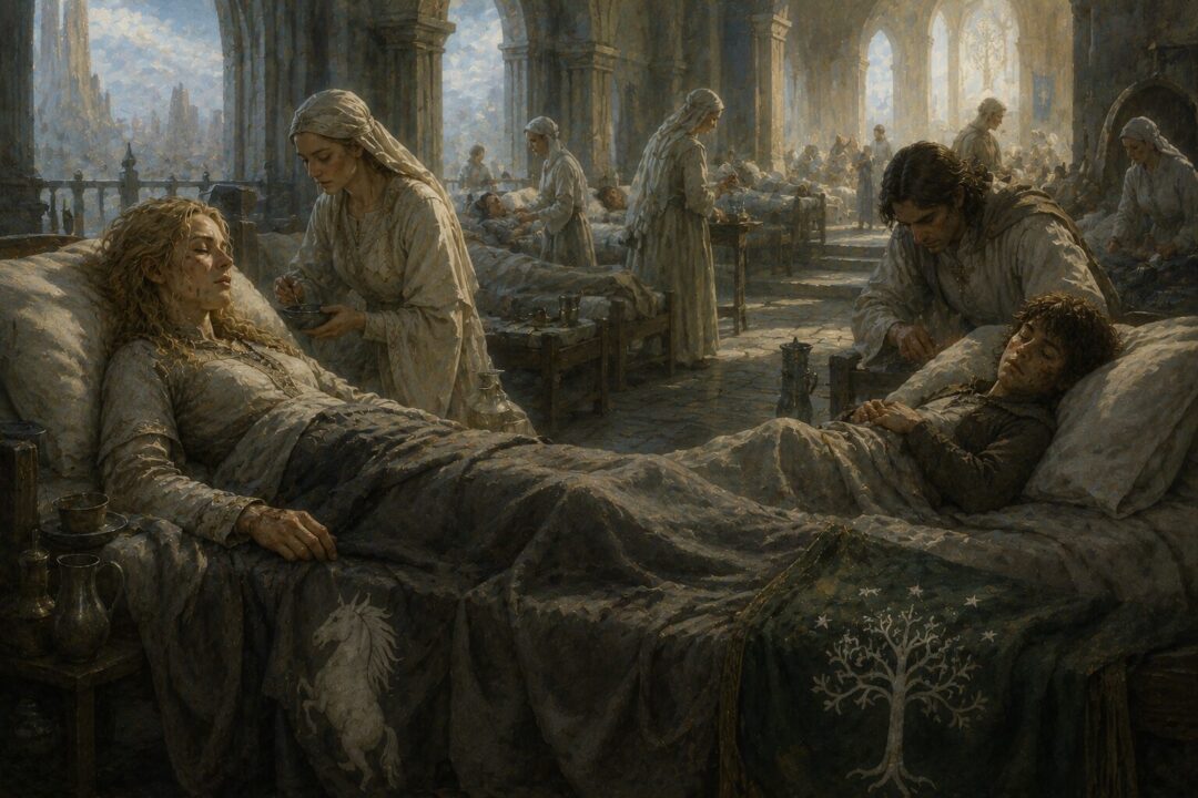 Éowyn and Merry recovering in the Houses of Healing after the battle