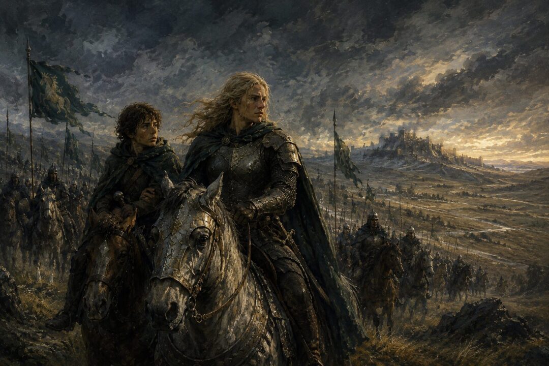 Éowyn and Merry riding with the Rohirrim toward Minas Tirith beneath a dark sky