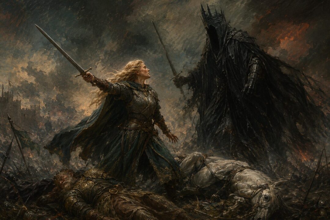 Éowyn stands between fallen Théoden and the Lord of the Nazgûl on the Pelennor Fields.