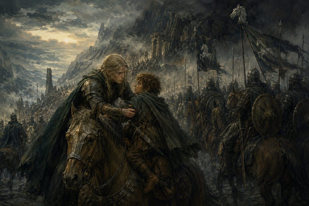 Éowyn disguised as Dernhelm secretly bringing Merry onto her horse before the Ride of the Rohirrim