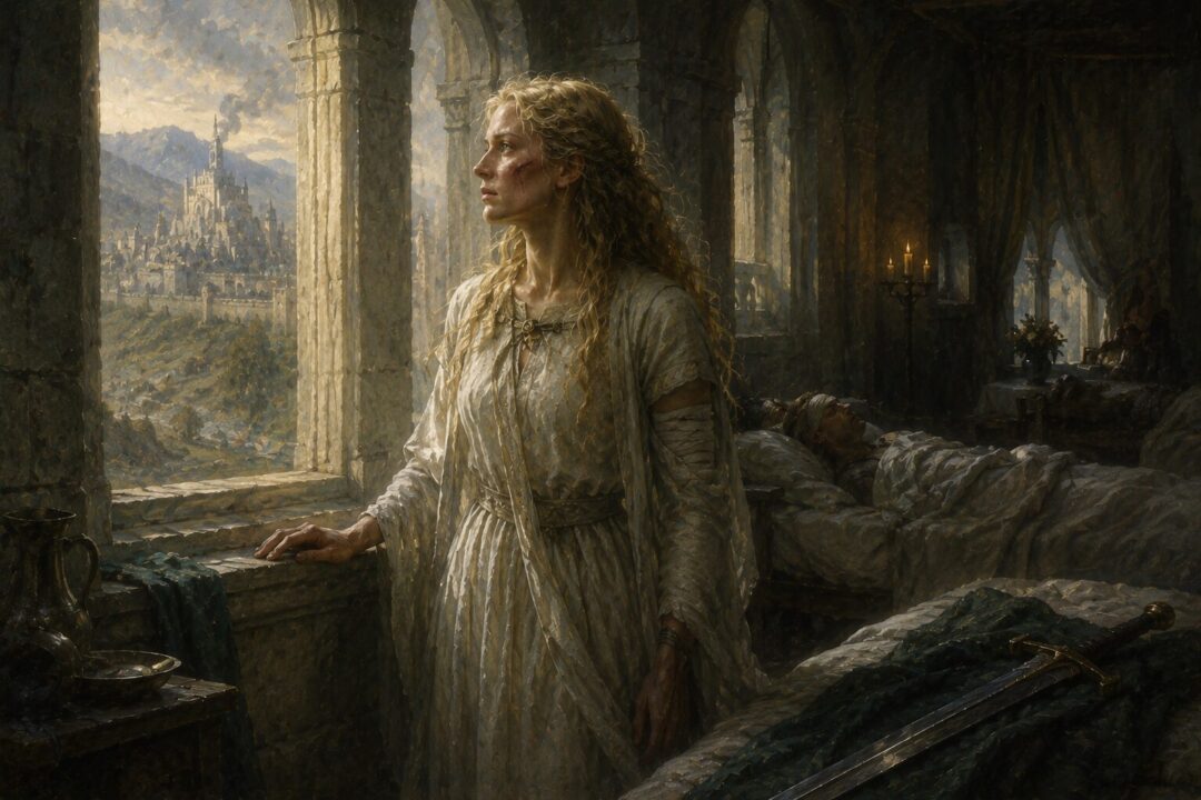 Éowyn stands quietly in the Houses of Healing after surviving the Battle of the Pelennor Fields.