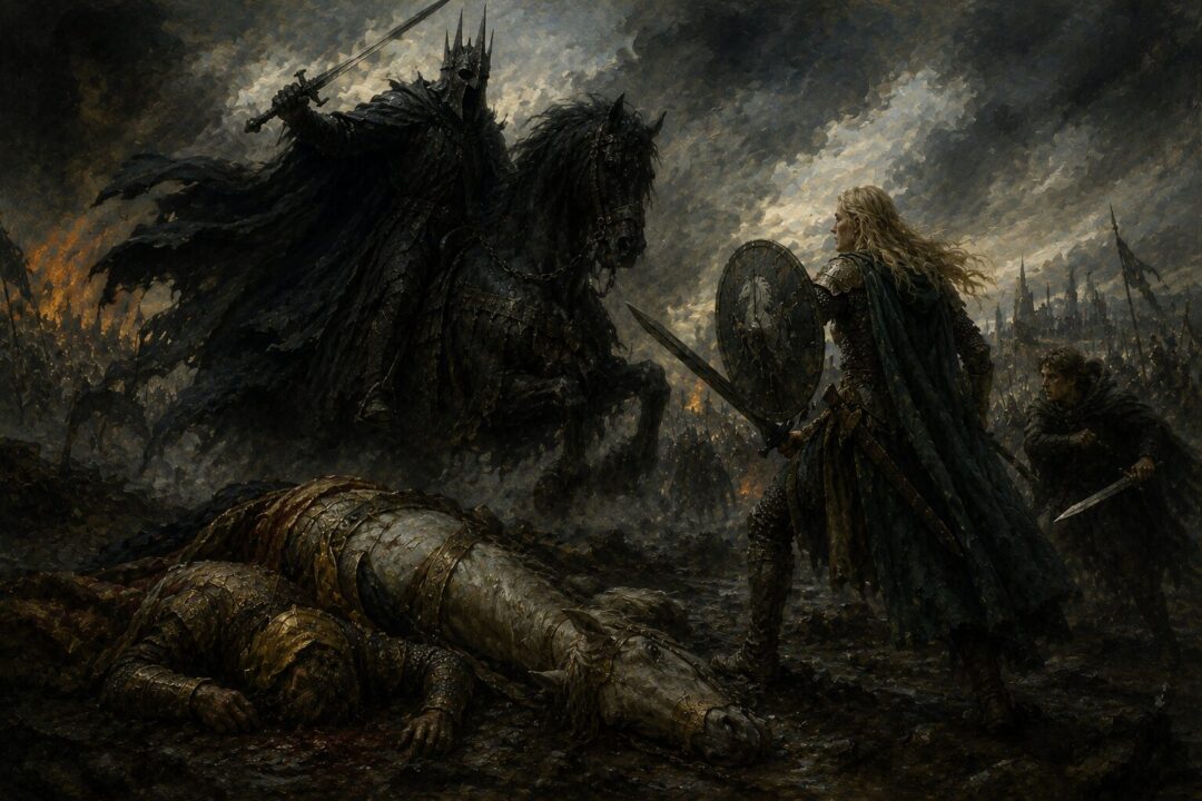 Éowyn facing the Witch-king while Merry prepares his hidden strike beside fallen Théoden