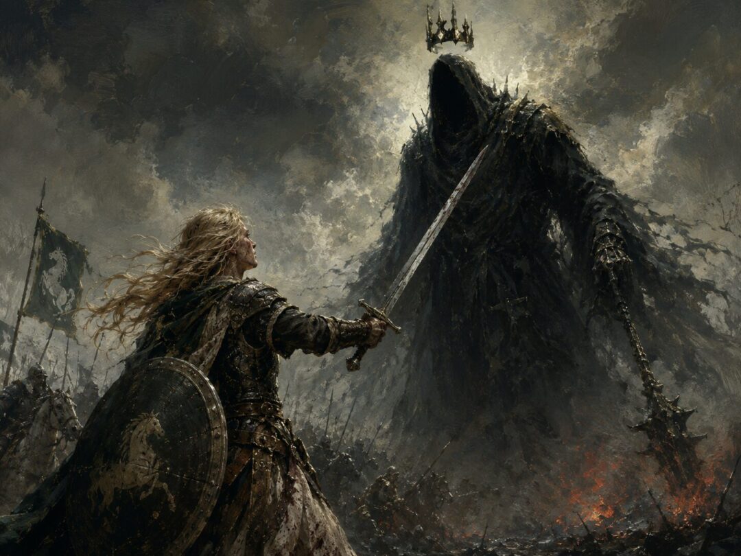 Éowyn reveals herself before the Witch-king during the Battle of the Pelennor Fields.