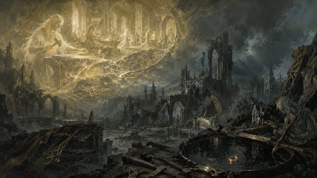 A symbolic view of Eregion’s Elven-smiths, ruined halls, and the hidden legacy of the Ring.