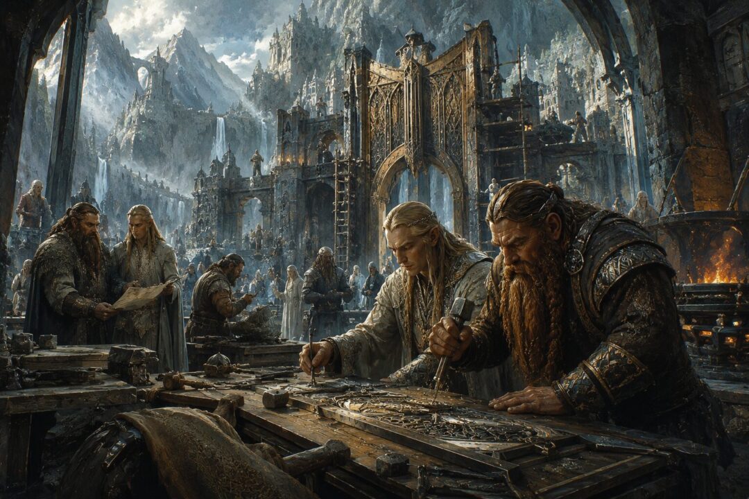 Elven and Dwarven artisans cooperating during the friendship between Eregion and Khazad-dum