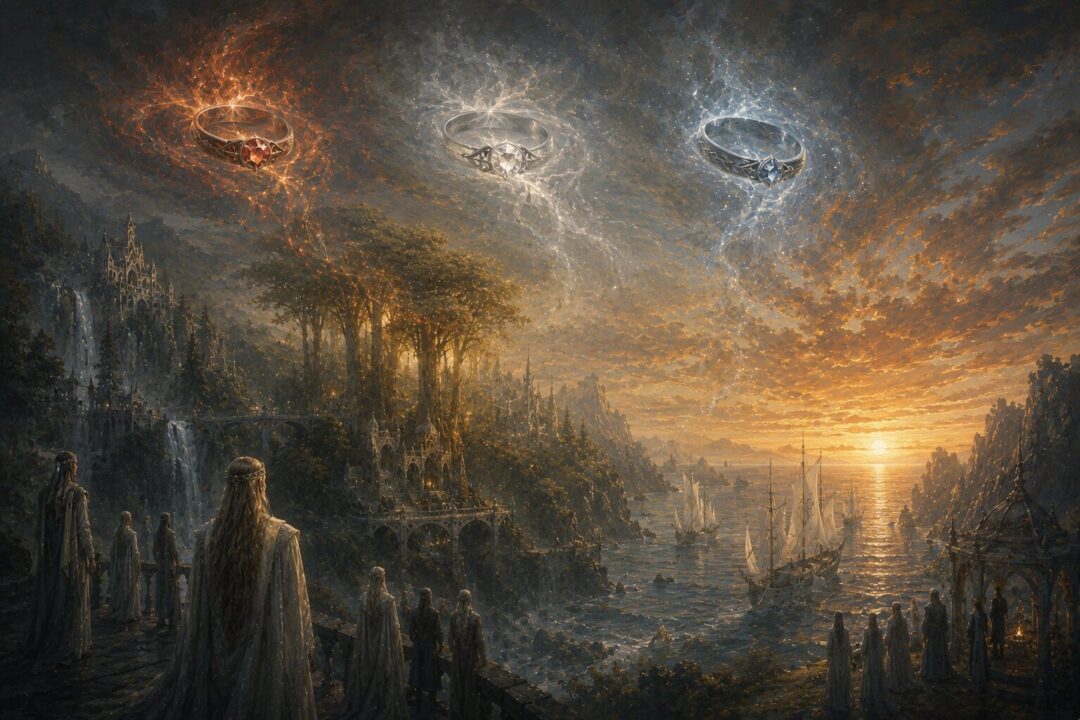 The Three Elven Rings losing their power after the destruction of the One Ring as the Elves depart Middle-earth