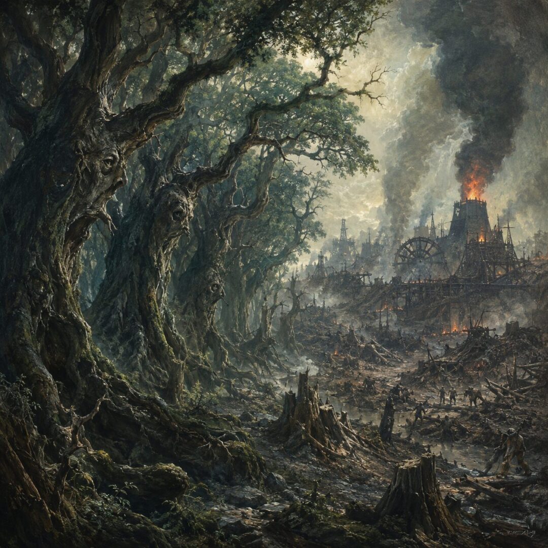 The living edge of Fangorn faces smoke, felled trees, and furnaces from Saruman’s destruction near Isengard.